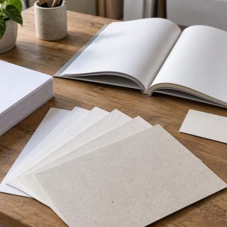 Muestras de papel de distintos gramajes junto a un catálogo abierto y una tarjeta sin imprimir