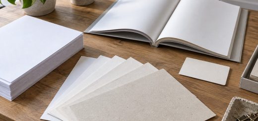Muestras de papel de distintos gramajes junto a un catálogo abierto y una tarjeta sin imprimir