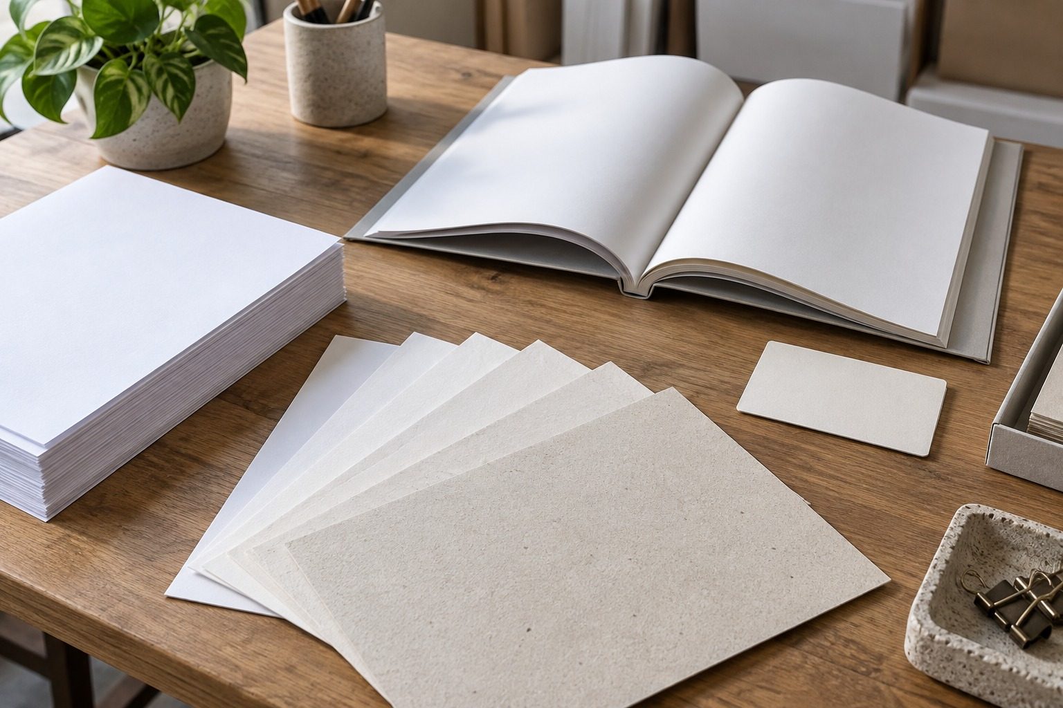 Papeles para documentos y material corporativo Muestras de papel de distintos gramajes junto a un catálogo abierto y una tarjeta sin imprimir