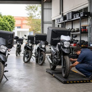 Flota de motos de reparto alineada mientras un mecánico revisa una rueda