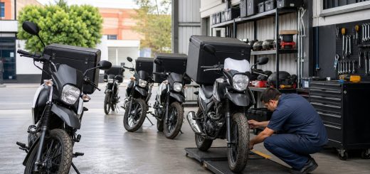 Flota de motos de reparto alineada mientras un mecánico revisa una rueda