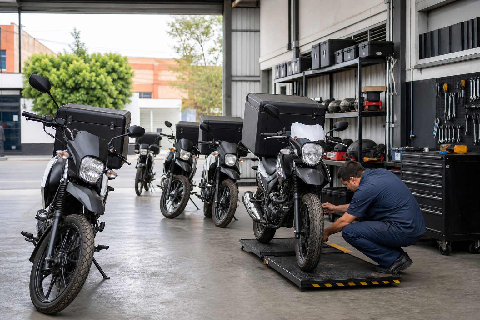 Mantenimiento de una flota de motos de reparto Flota de motos de reparto alineada mientras un mecánico revisa una rueda
