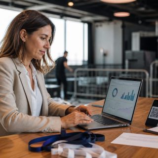 Organizadora de eventos revisando las ventas de entradas digitales en un recinto