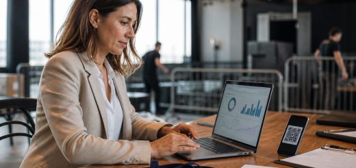 Organizadora de eventos revisando las ventas de entradas digitales en un recinto