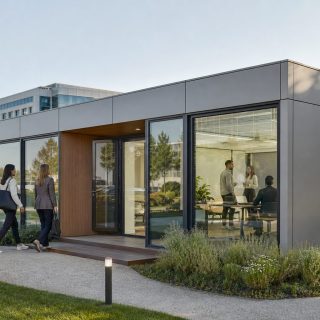Profesionales acceden a una oficina satélite modular situada junto a un campus empresarial