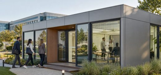 Profesionales acceden a una oficina satélite modular situada junto a un campus empresarial