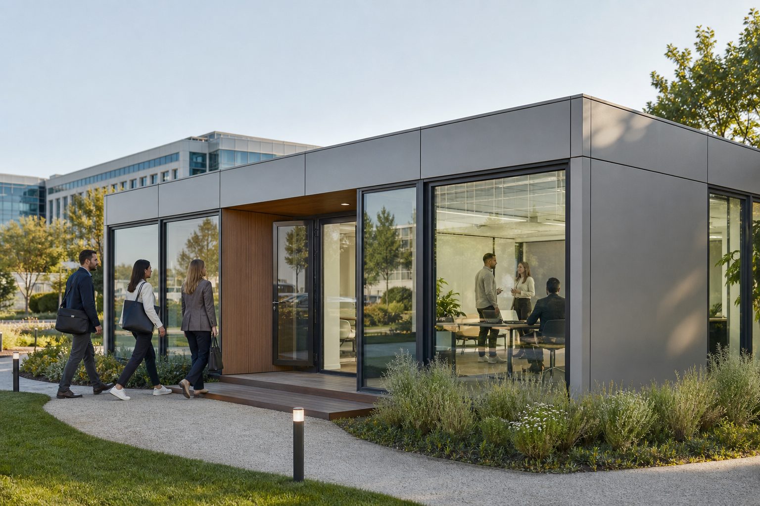 Profesionales acceden a una oficina satélite modular situada junto a un campus empresarial