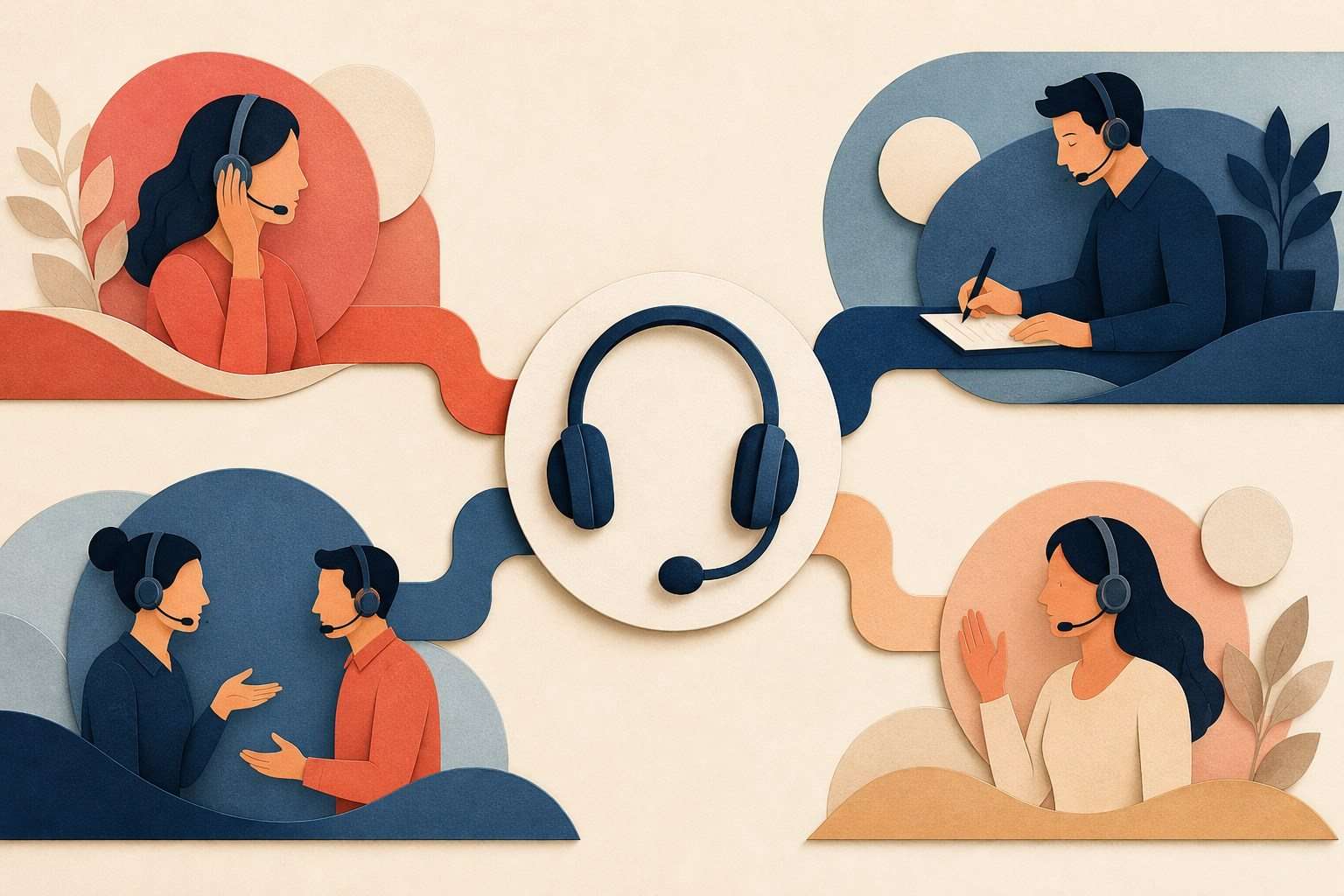 Ilustración de un auricular conectado con escenas de escucha, registro, escalado y seguimiento.