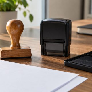 Sello manual y sello automático junto a una almohadilla de tinta y hojas en blanco