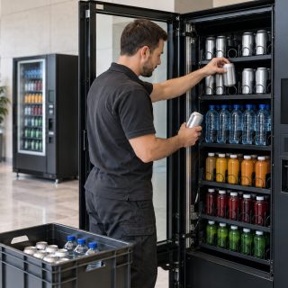 Persona reponiendo latas y botellas sin marcas en una máquina expendedora abierta