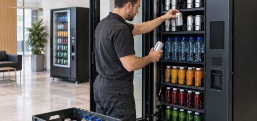 Persona reponiendo latas y botellas sin marcas en una máquina expendedora abierta
