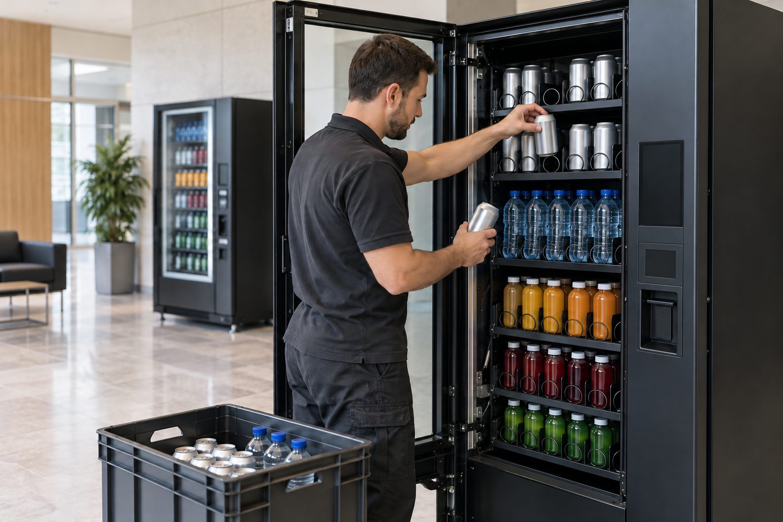 Reposición de una máquina vending Persona reponiendo latas y botellas sin marcas en una máquina expendedora abierta