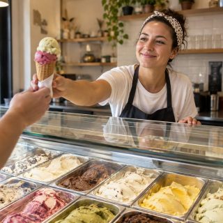 Persona atendiendo una heladería y entregando un cono frente a la vitrina de sabores