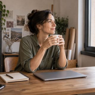 Trabajadora autónoma haciendo una pausa junto a la ventana de su estudio