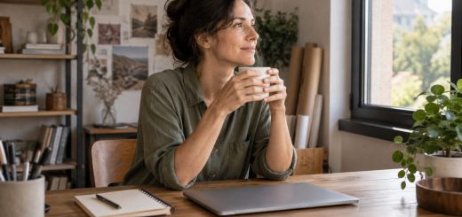 Trabajadora autónoma haciendo una pausa junto a la ventana de su estudio
