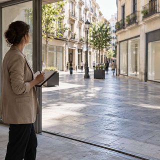 Persona con una libreta que observa una calle comercial desde un local.