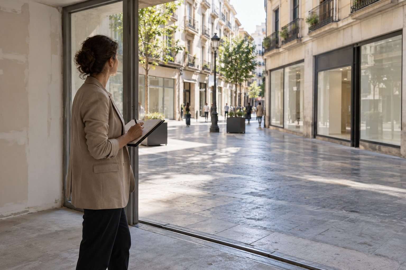Validar un negocio local con noticias, observación y conversaciones — Imagen 1 Persona con una libreta que observa una calle comercial desde un local.